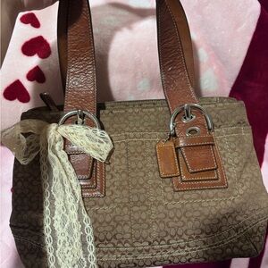 Coach Brown Signature Shoulder Bag with Lace Accent